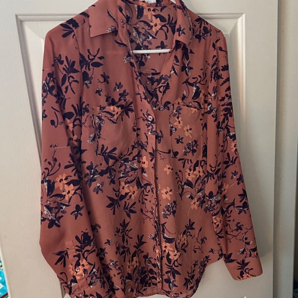 Express Floral Button Down Shirt - Rust and Navy